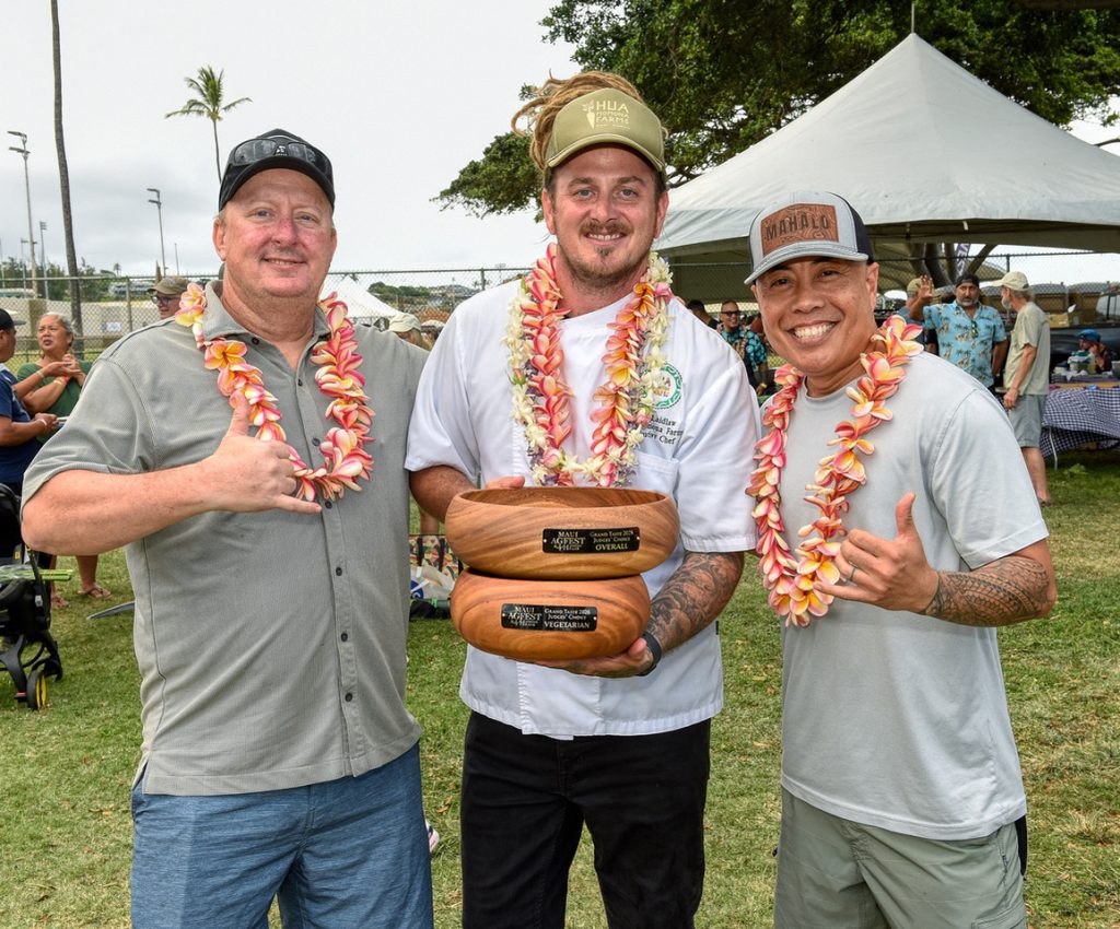 Judges Chris Schobel and Jojo Vasquez with Chef Zach Laidlaw of Hua Momona Farms – “Best Vegetarian” and“Judge’s Choice Overall”